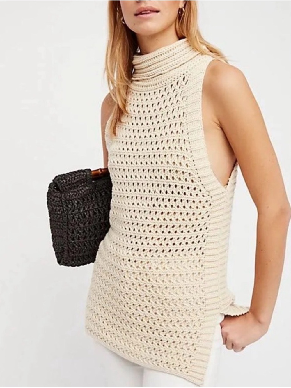 Free People Northern Lights Crochet Knit Beige Cream Vest Tunic Sweater Medium